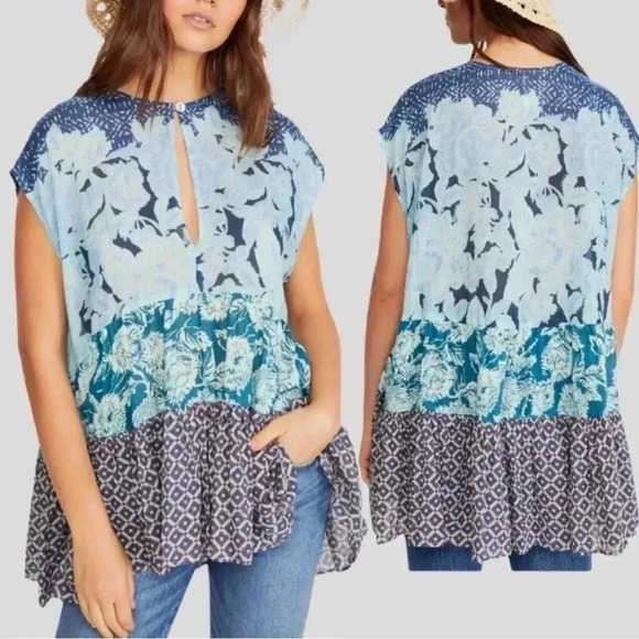 Free People Tops - Free People Blue Floral Gotta Have You Boho Tunic XS Oversized